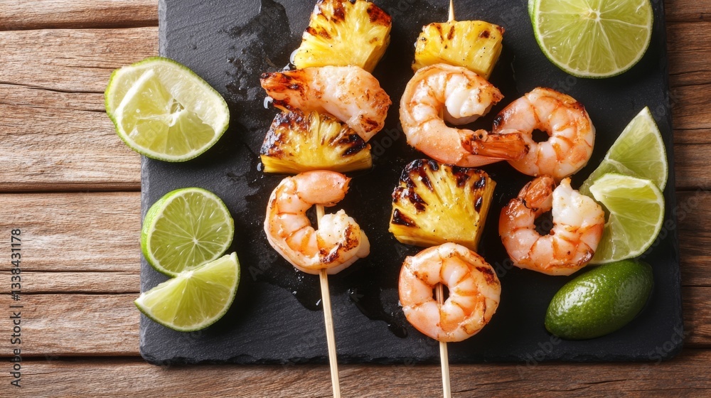 Poster an overhead shot of skewers of shrimp and pineapple, glazed with barbecue sauce, placed on a dark sl