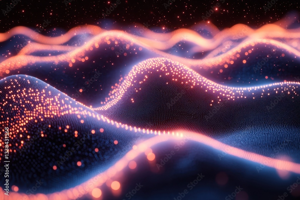 Poster colorful wave patterns with glowing dots create a mesmerizing visual display in a digital landscape