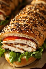 Delicious sliced chicken sandwich with sesame seeds tomato and lettuce on a rustic background healthy gourmet food photography