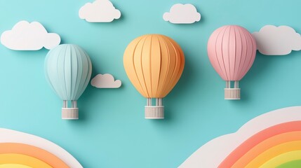 Naklejka premium Colorful paper hot air balloons with clouds and rainbow on a blue background for children's decor