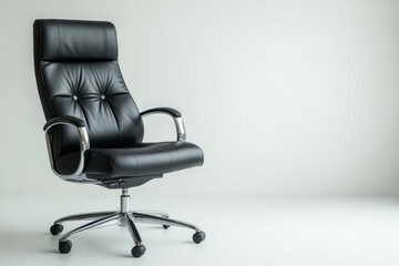 Fototapeta premium Modern Black Leather Executive Office Chair on White Background Comfortable and Stylish Swivel
