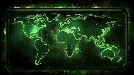 A glowing green world map displaying continents and oceans, set against a dark background, conveying a futuristic or digital theme.