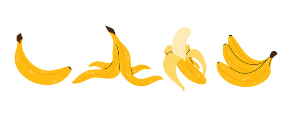 Bananas. Tropical fruit. Banana peel. Set illustrations ripe bananas on white background.