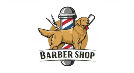 Golden retriever standing proudly in front of a barber shop, scissors and barber pole in background - dog salon logo