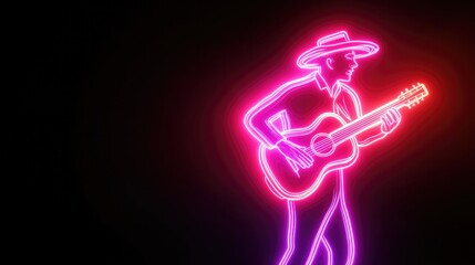 Neon silhouette of musician playing guitar, vibrant colors illum