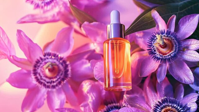 A glowing glass dropper bottle filled with golden skincare serum, surrounded by vibrant purple passion flowers. The rich colors and soft lighting create a luxurious and elegant beauty concept