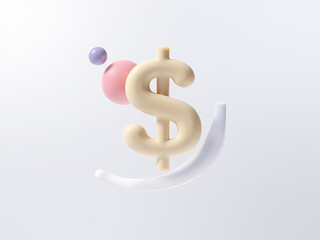 Obraz premium Stylized pastel dollar sign accompanied by abstract geometric shapes including a sphere, a disk, and a curved shape. Composition features minimalist design on light background