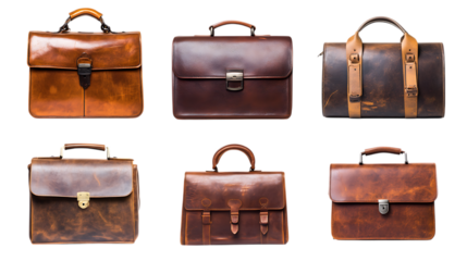 set of brown leather business bag on png