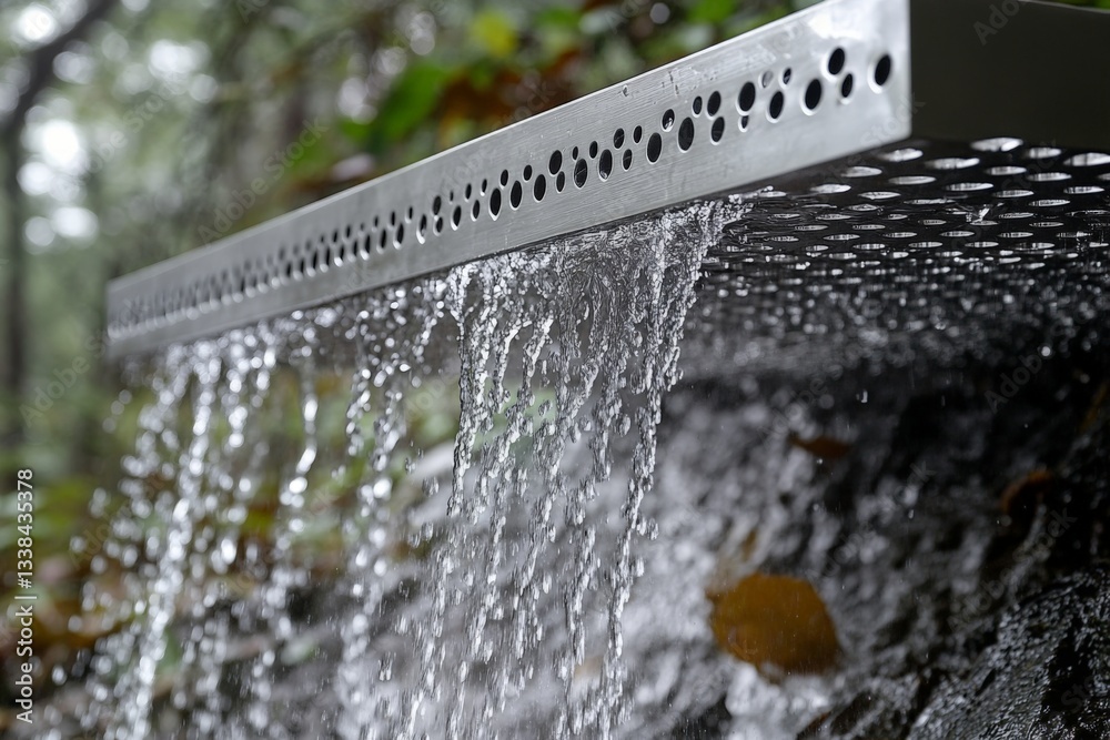 Aufkleber water cascades from a modern metal structure in a lush forest setting during daylight hours