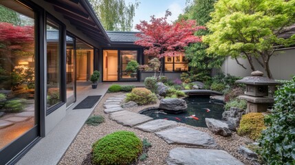 Fototapeta premium A charming Japanese garden visible from a living room, featuring a stone path, manicured shrubs, and a small bridge over a koi pond, emphasizing tranquility.