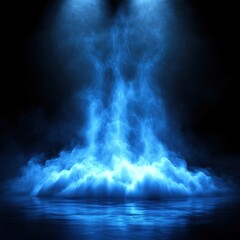 Ethereal blue fog rising from dark water illuminated by spotlights creating a mysterious atmosphere