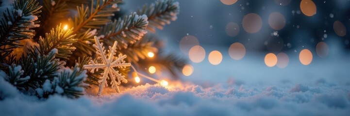 Golden Christmas lights on a snowy background with big snowflakes, bokeh, festive