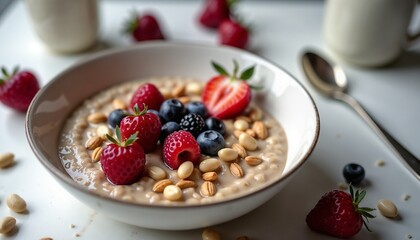 Oatmeal with berries and nuts representing healthy breakfast