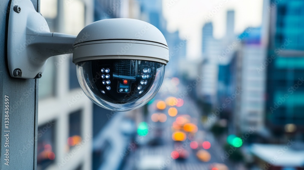 Poster a close-up of a bullet-style cctv camera mounted on a building, with a blurred background of the cit