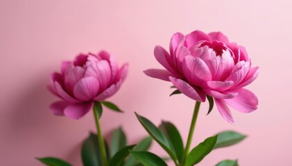 Obraz premium Showy pink peonies against a soft pastel background, garden decor, spring blossoms, bloom