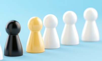 Game pieces a diverse lineup of figurines, from black to gold to white, on blue. Focused on inclusion and equality