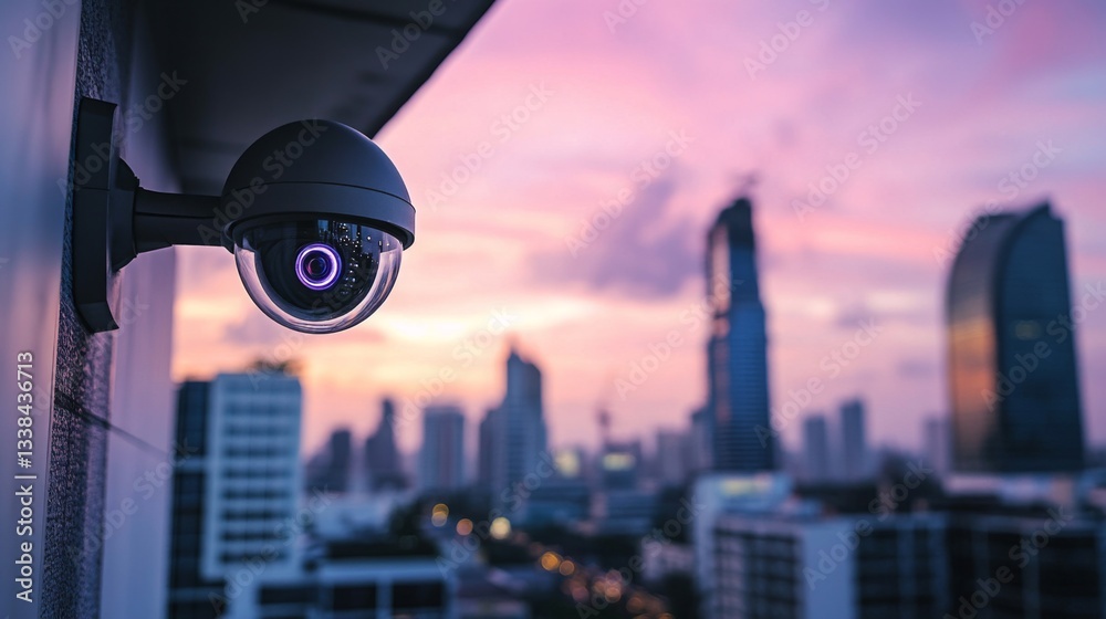 Poster a close-up of a bullet-style cctv camera mounted on a building, with a blurred background of the cit