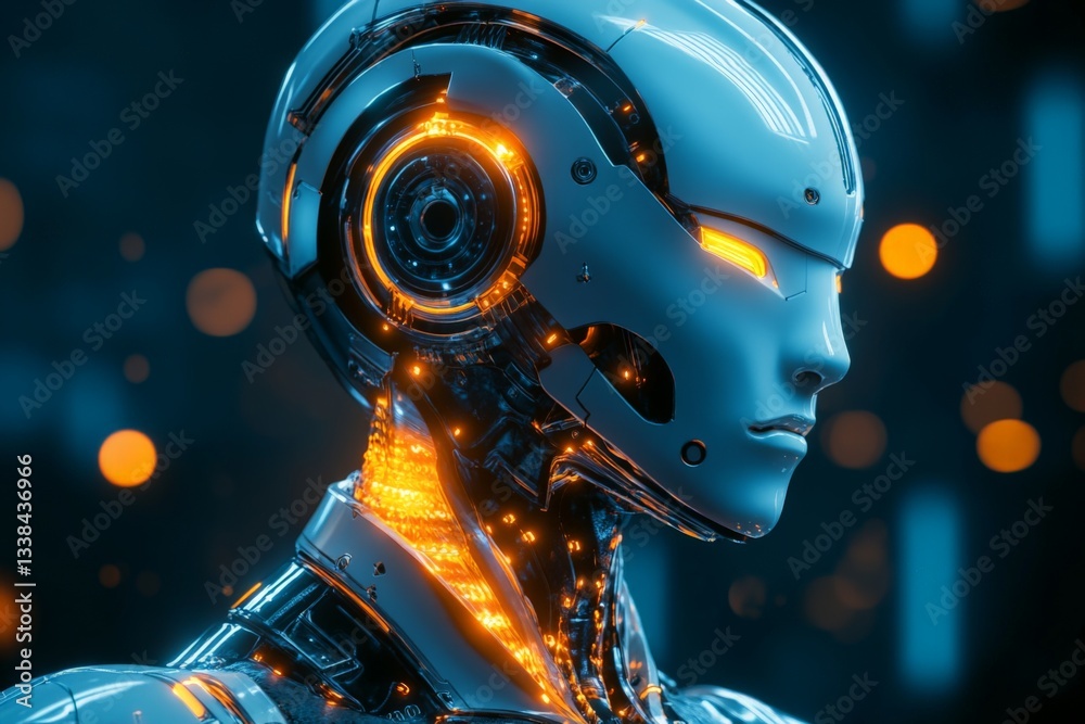 Aufkleber Futuristic humanoid robot with glowing features in a neon-lit environment at night