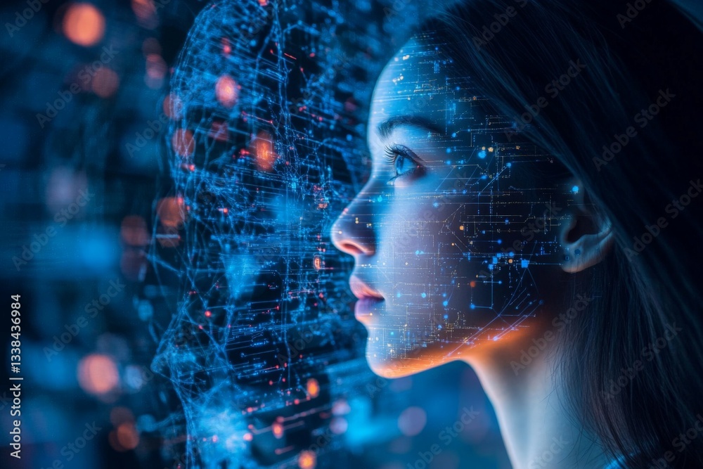 Fototapete creating digital connections in a futuristic tech environment featuring blended human and artificial