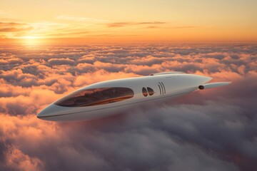 Futuristic aircraft cruising above fluffy clouds at sunset providing a serene and innovative travel experience
