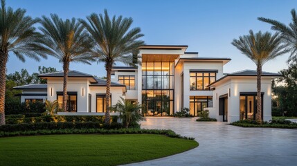 Fototapeta premium A beautiful modern home surrounded by tall palm trees, floor-to-ceiling windows, and elegant exterior lighting.
