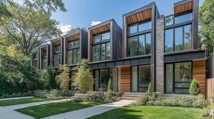 A beautiful modern townhouse with a sleek urban design, large windows, and a well-manicured front lawn.