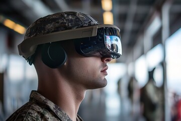 Soldier using advanced virtual reality headset during training exercise in military facility