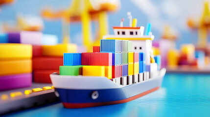 Obraz premium Brightly colored containers line a busy harbor, where a cargo ship prepares to unload