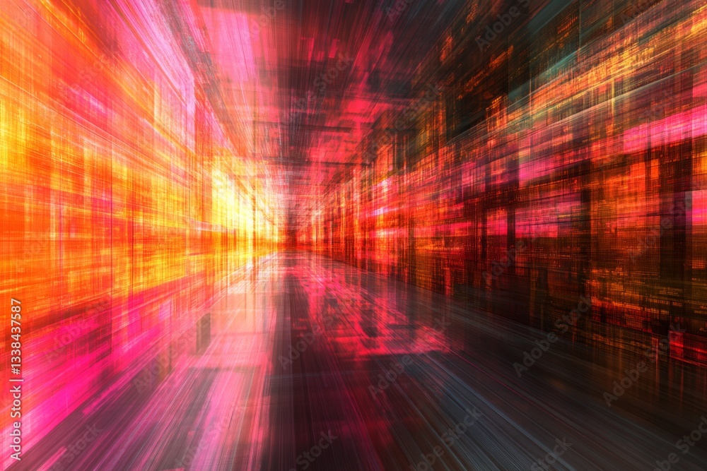 Poster vibrant abstract digital corridor with dynamic light reflections in vivid colors