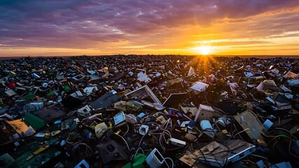 Sunset over an Electronic Wasteland: A poignant depiction of e-waste disposal at dawn