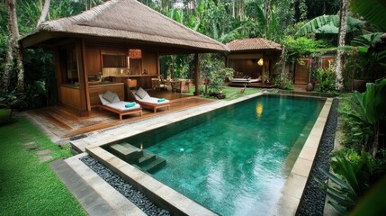 A beautiful tropical villa with a stylish rectangular pool, chic sun loungers, and modern wooden finishes.