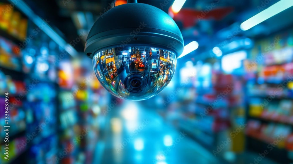 Poster A close-up of a dome-shaped CCTV camera installed in a retail store, with reflections of products visible on the camera lens, emphasizing security in shopping environments.