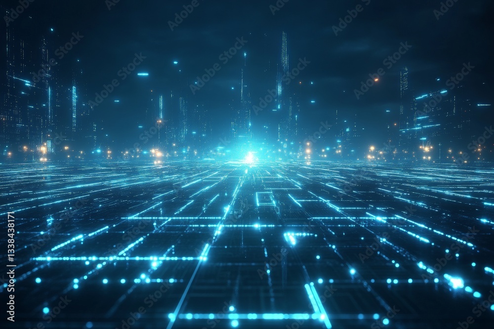Poster digital cityscape glowing at night with intricate grid patterns and vibrant blue lights illuminating