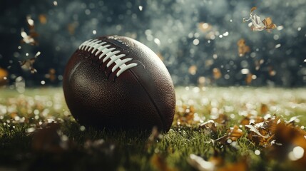 Closeup of traditional brown american football resting on green turf field with white yard lines under natural daylight, symbolizing sport, competition, and team spirit



