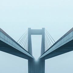 Obraz premium A minimalist shot of a cable-stayed bridge shrouded in fog, emphasizing its symmetrical design and architectural details.