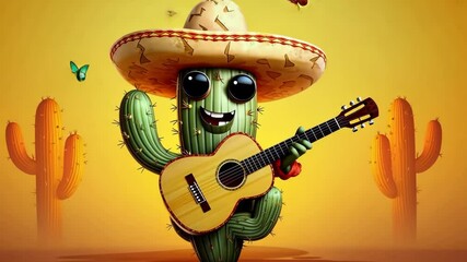 Cute cartoon singing mariachi cactus, wearing a sombrero, sunglasses, guitar on a yellow background, sings and plays the guitar. Cinco de Mayo Holiday. Generative 4k video.