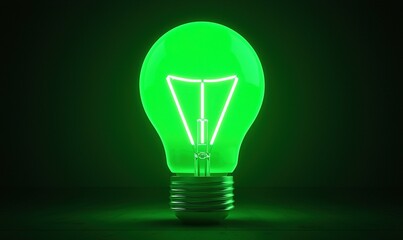 Glowing lightbulb emits green light on a dark surface. Filament shines brightly. Modern feel