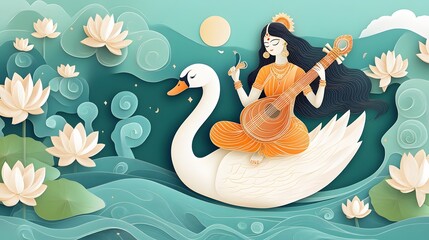 Obraz premium An ethereal papercut-style illustration of Goddess Saraswati seated on a white swan, playing the veena, with a flowing river and blooming lotus flowers