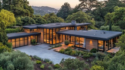 Fototapeta premium A box-style flat-roof modern house with an elegant front yard, showcasing minimalist architecture and large sliding doors.