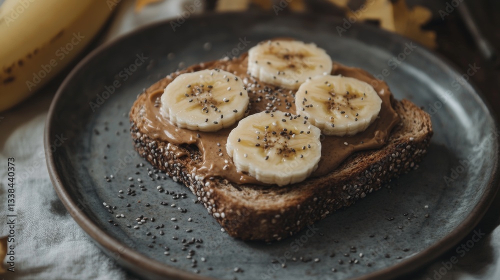 Poster A close-up of a slice of whole grain toast topped with peanut butter and banana slices, sprinkled with chia seeds, showcasing a nutritious snack option.