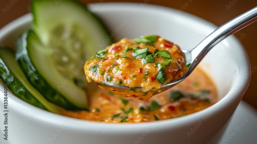 Poster a close-up of a spoonful of rich chili dip being scooped up with a fresh cucumber slice, highlightin