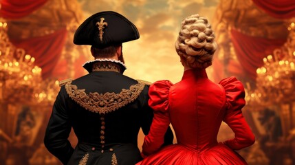 Obraz premium Elegant Couple in Historical Costumes Admiring a Grand Vintage Theater Setting at Sunset