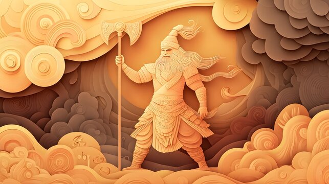 An intricate papercut illustration of Lord Parashurama wielding his battle-axe, standing heroically on a battlefield with storm clouds above