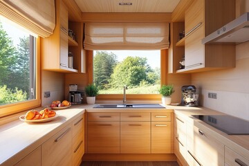 Fototapeta premium Bright interior view of a modern kitchen with wooden cabinets and a view of nature through the window