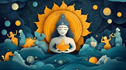 A grand papercut-style composition of Lord Dhanvantari emerging from the cosmic ocean, holding the pot of Amrit, with celestial beings around him