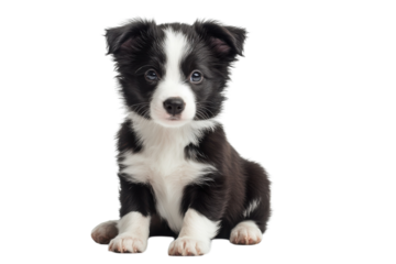 Playful young Border Collie puppy sitting on green grass in a sunny park showcasing adorable personality traits isolated on transparent background