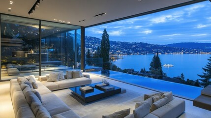 Obraz premium A breathtaking single-story modern lake house with a glass-walled living room and scenic waterfront views.