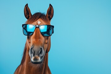 Funny brown horse wearing black sunglasses posing against blue background, humorous animal portrait with cool attitude