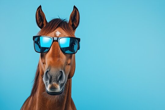 Funny brown horse wearing black sunglasses posing against blue background, humorous animal portrait with cool attitude - Powered by Adobe