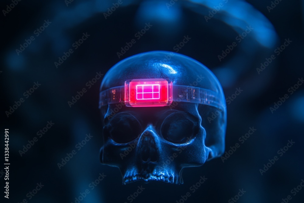 Poster skull with neon red digital display on forehead illuminated in blue light during an artistic exhibit